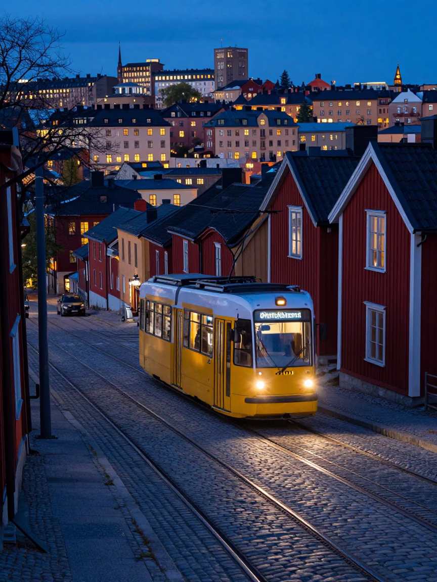 Midnight Tram Ascent on Steep Hill in Stockholm Sweden With City Lights in in Stockholm, Sweden
