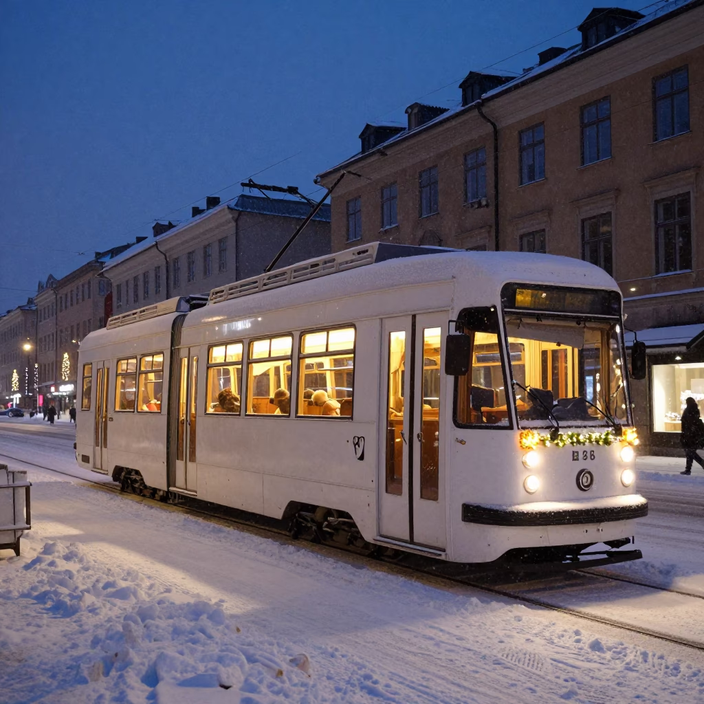 Midnight Tramcar Decorated for Christmas on a Snowy Avenue in Stockholm Sweden in in Stockholm, Sweden