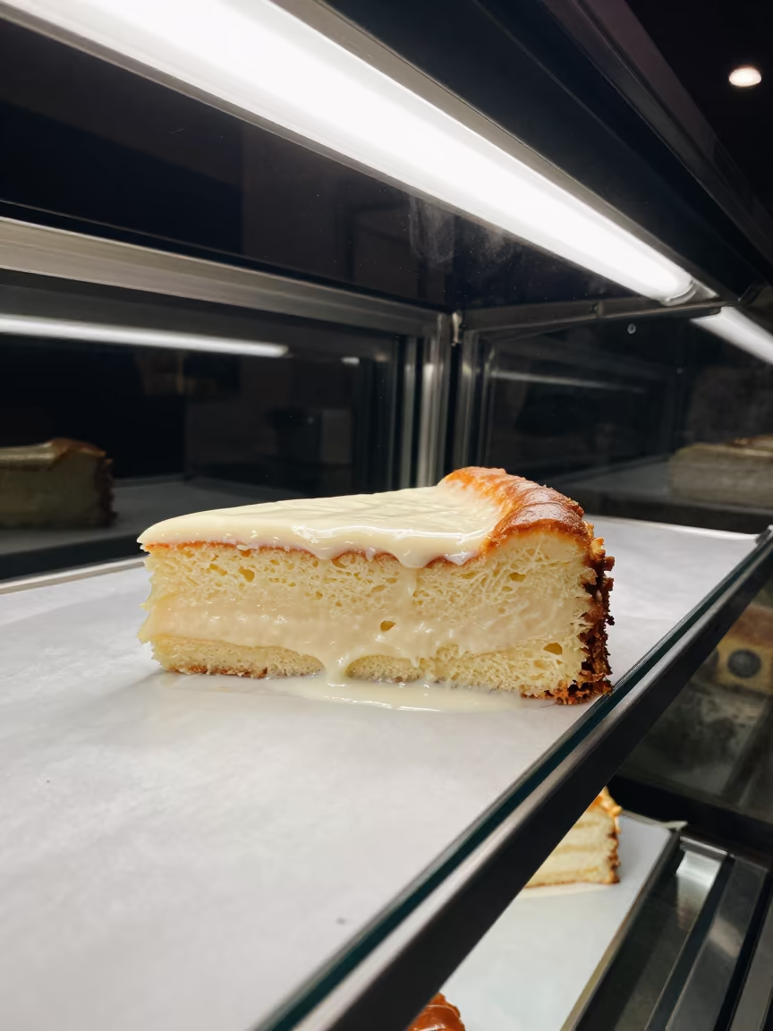 Midnight Tres Leches Soaking in LA Bakery Case in in a bakery display case in Los Angeles