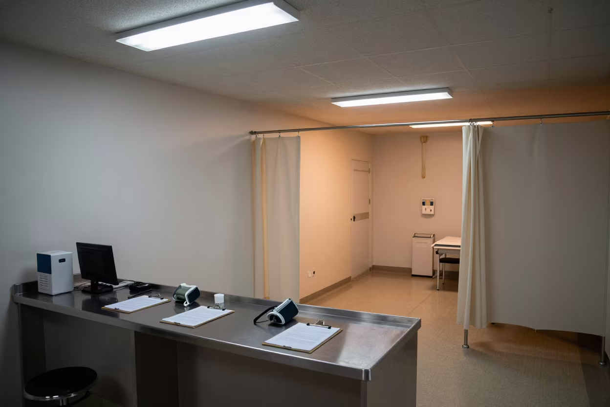 Midnight Triage Bay Clinic Interior Monsoon in inside a clinic exam room near Tuni