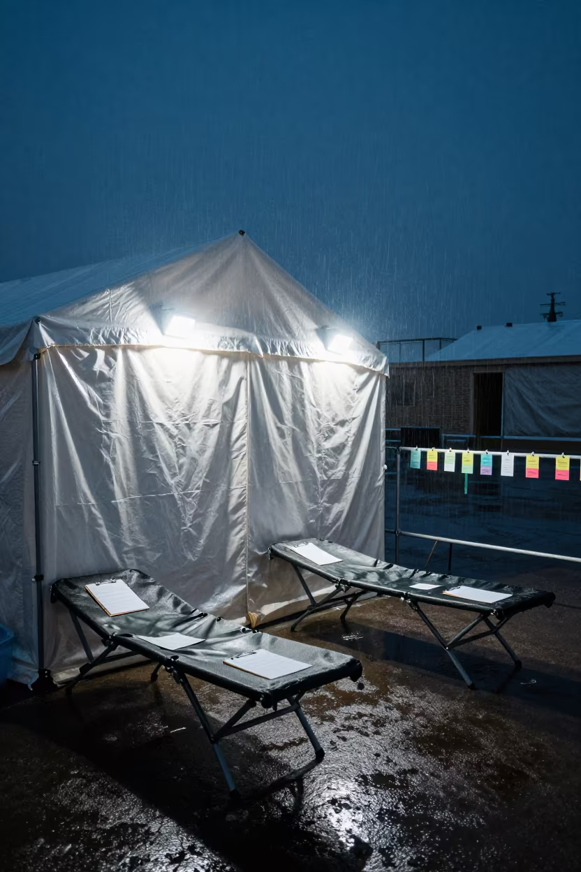 Midnight Triage Tent Under Work Lights in beneath a field clinic canopy near Urgench