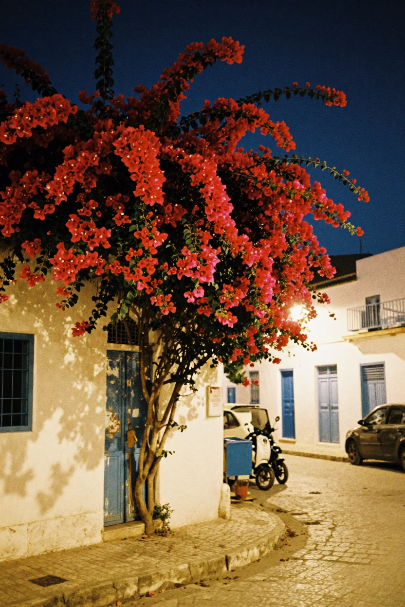 Midnight Tunis Street Scene with Bougainvillea and Weathered Door Mats in 1960s Tunisia in in Tunis, Tunisia