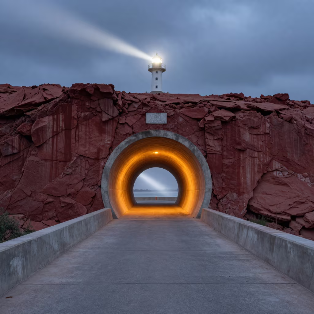 Midnight Tunnel Portal Red Rock Kuwait Levee in along a levee path above floodwater in Kuwait
