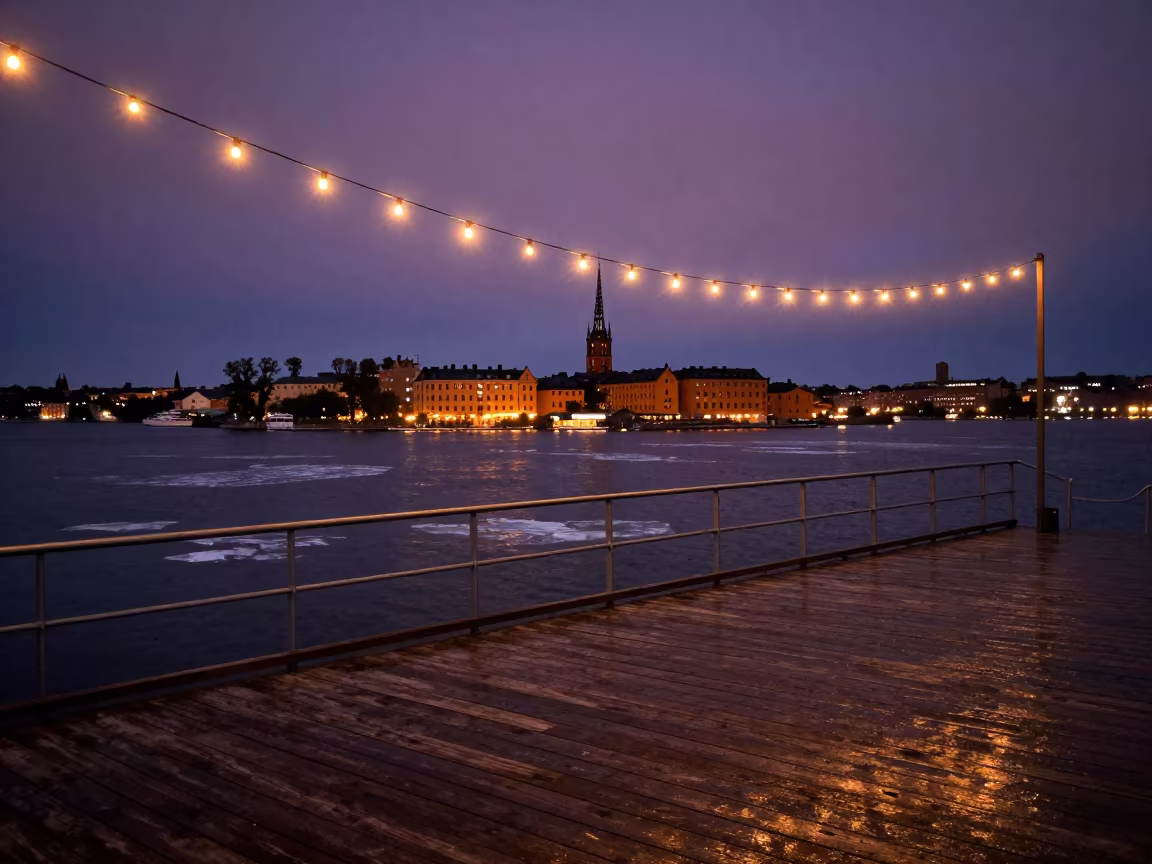 Midnight Twilight String Lights on Stockholm Pier in on a pier railing near Djurgarden, Stockholm