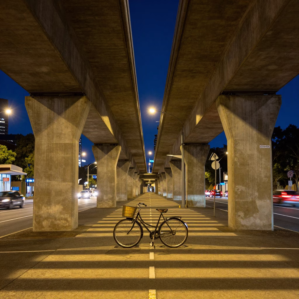 Midnight Underpass in Adelaide with Vintage Bicycle and Striped Shadows in in Adelaide, South Australia, Australia