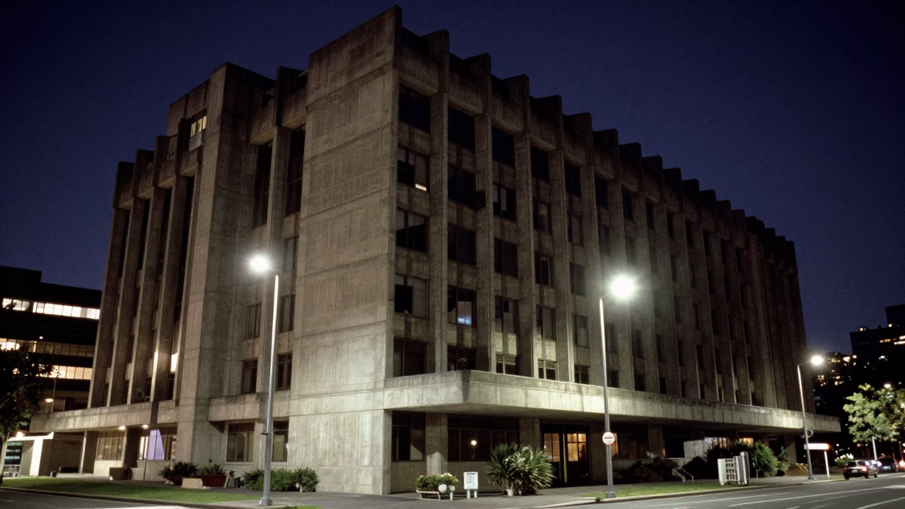 Midnight Urban Concrete Brutalist Architecture in Melbourne Victoria Australia Night Scene in in Melbourne, Victoria, Australia