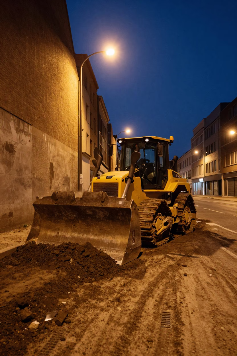 Midnight Urban Construction in Brussels Belgium with Bulldozer and Wall Smudges in in Brussels, Belgium