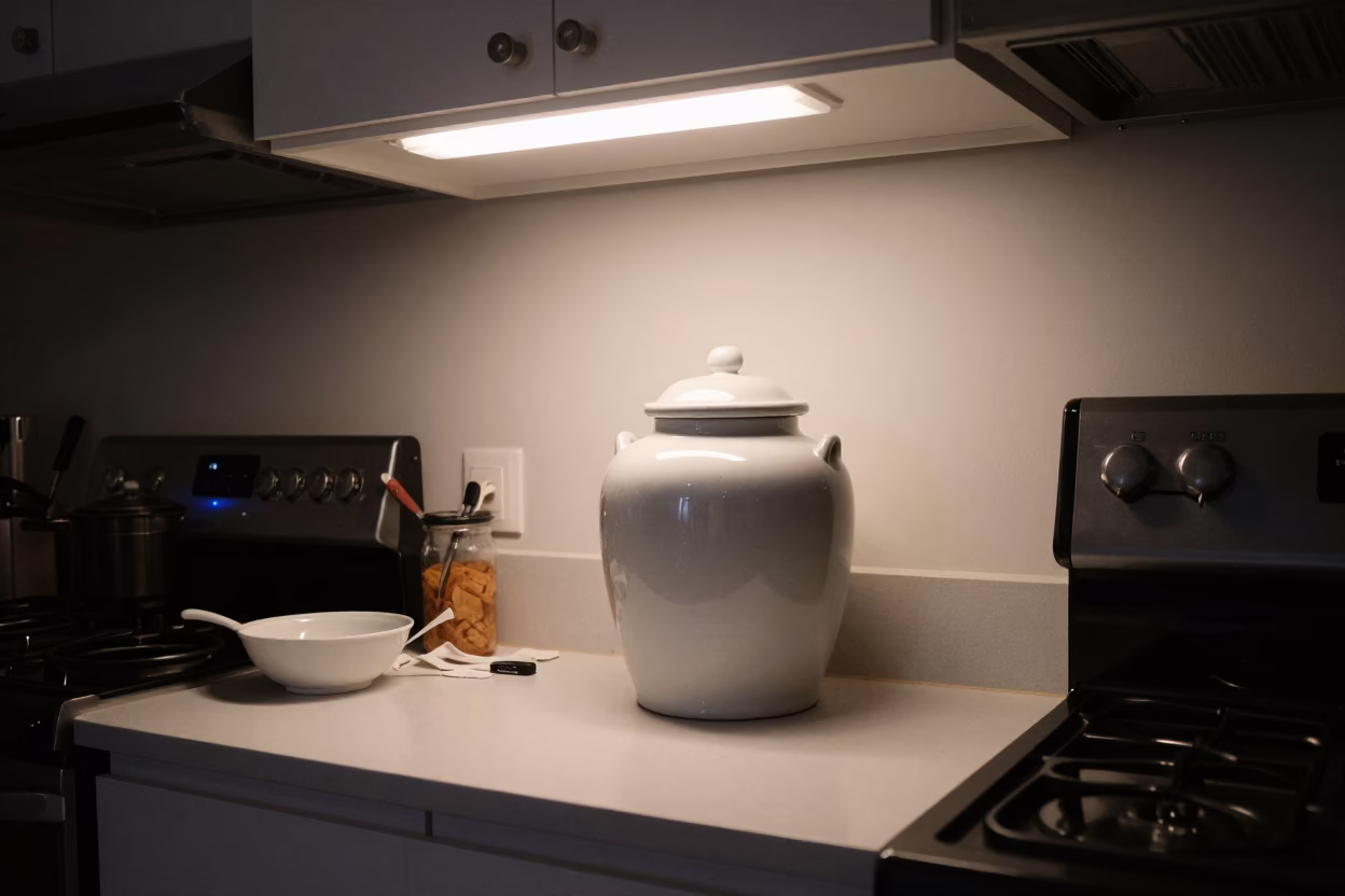 Midnight Urban Kitchen Detail in San Francisco Apartment with Porcelain Jar and Soap Residue in in San Francisco, California, United States