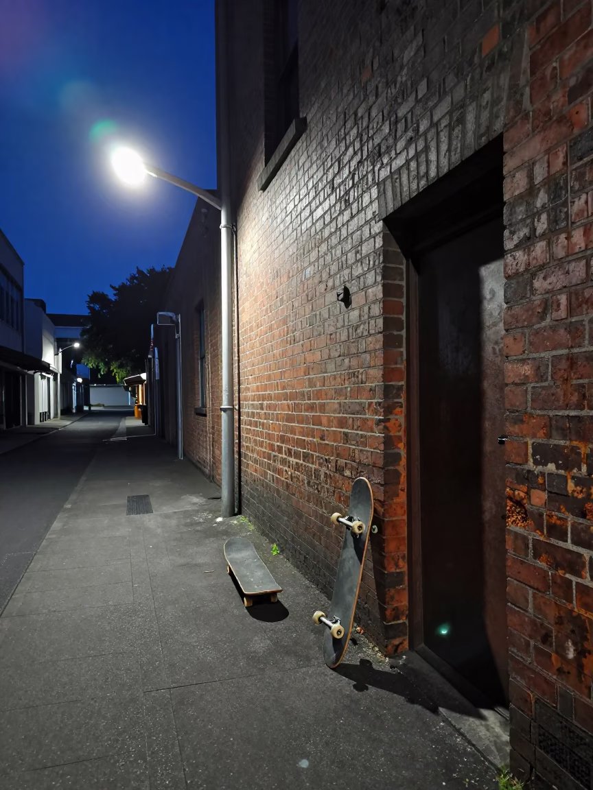 Midnight Urban Scene in Auckland New Zealand with Skateboard and Rusty Doorframe in in Auckland, New Zealand