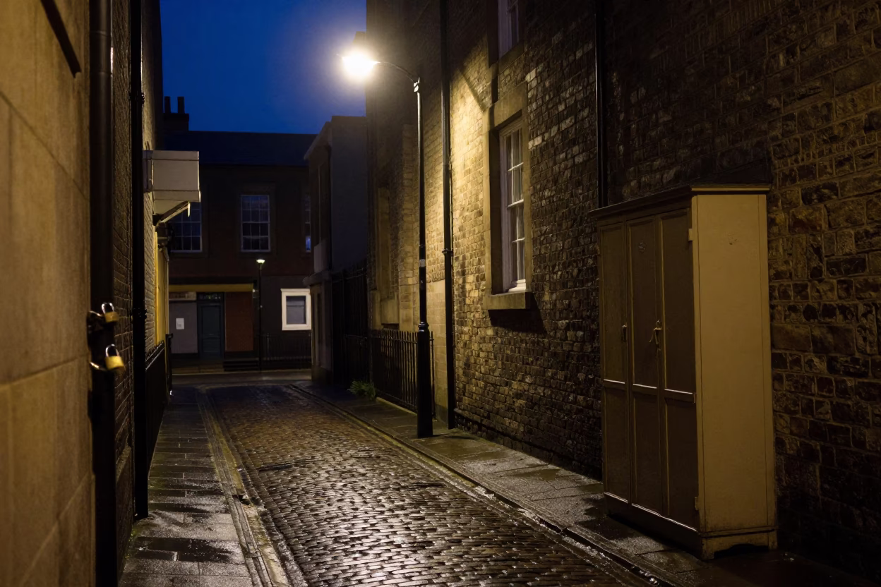 Midnight Urban Scene in Bristol UK Featuring Padlock and Cupboard Doors on Historic Street in in Bristol, United Kingdom