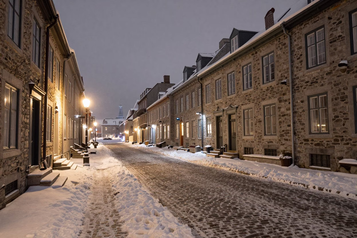 Midnight Urban Stillness in Quebec City Old Port with Snow and Cobblestone Reflections in in Quebec City, Quebec, Canada