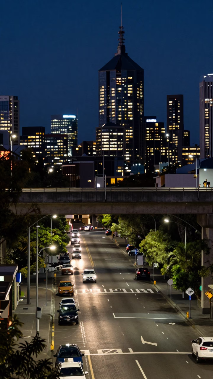 Midnight Urban Street Scene in Melbourne Victoria Australia with Highway Flyover in in Melbourne, Victoria, Australia