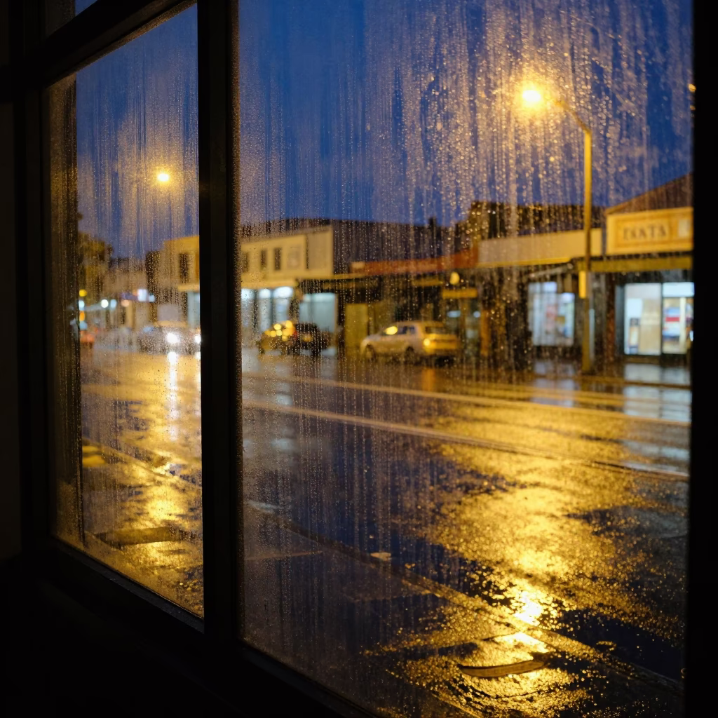 Midnight Urban Street Scene in Perth Western Australia with Condensation on Window Glass in in Perth, Western Australia, Australia