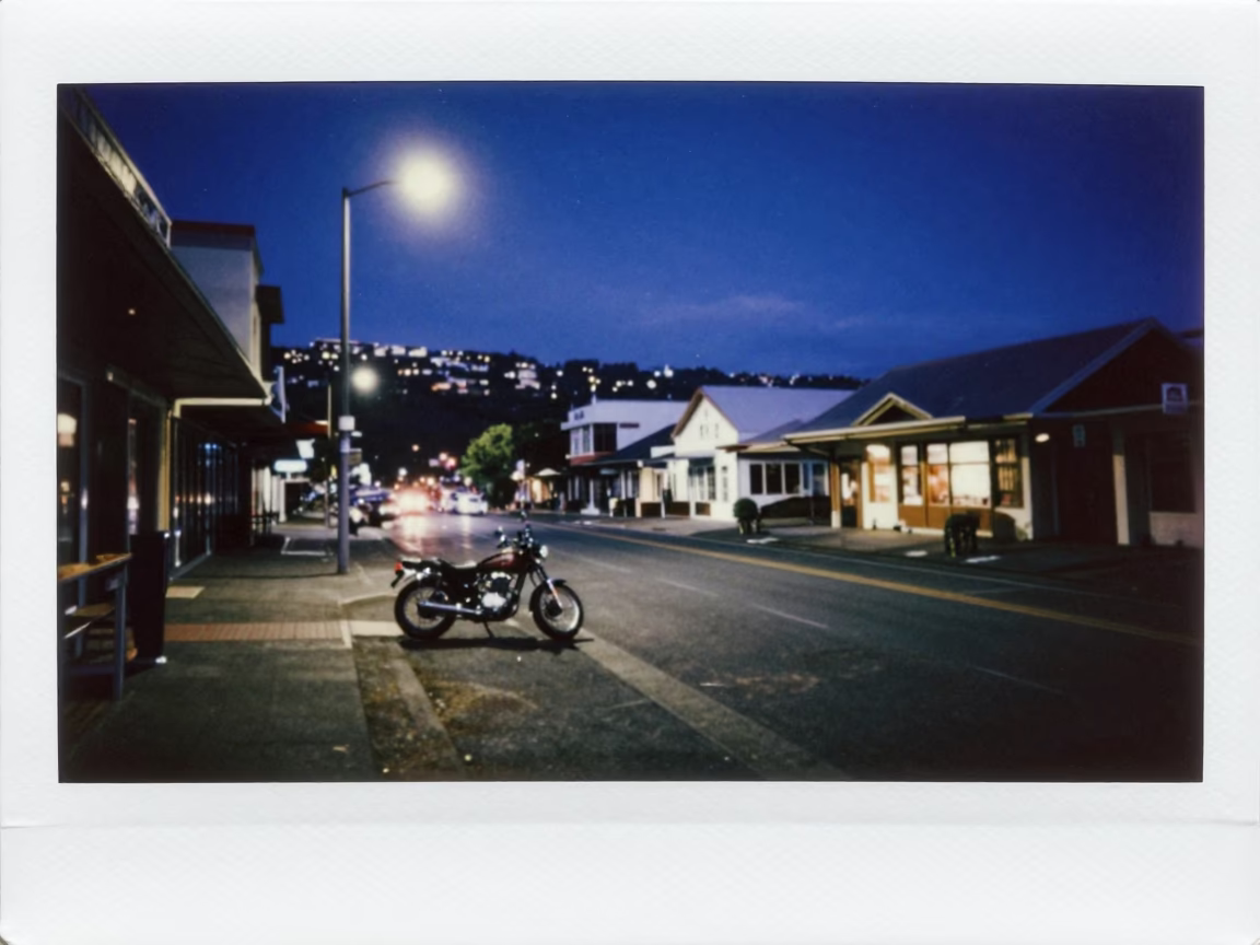 Midnight Urban Street Scene in Wellington New Zealand with Motorcycle and Starry Sky in in Wellington, New Zealand