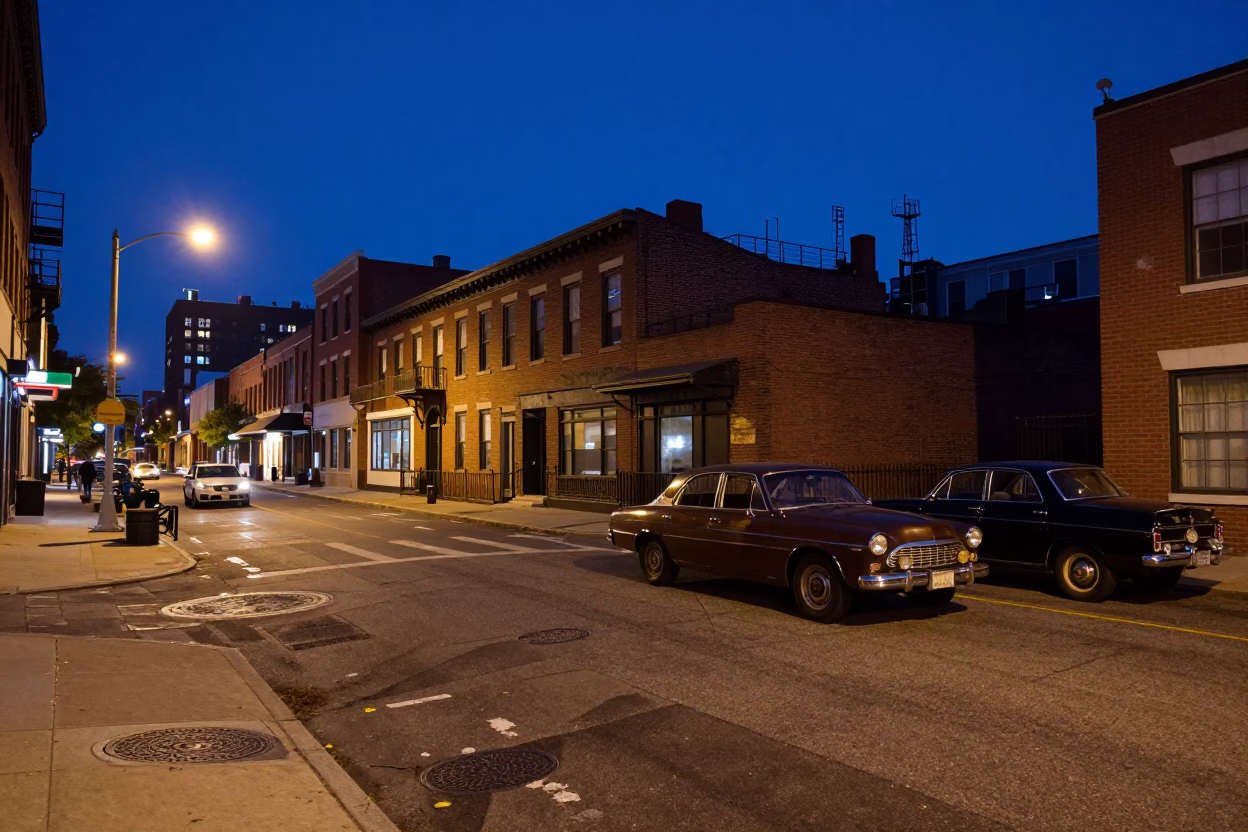 Midnight Urban Streetscape of Philadelphia Pennsylvania with Vintage Car and Neon Sign Reflections in in Philadelphia, Pennsylvania, United States