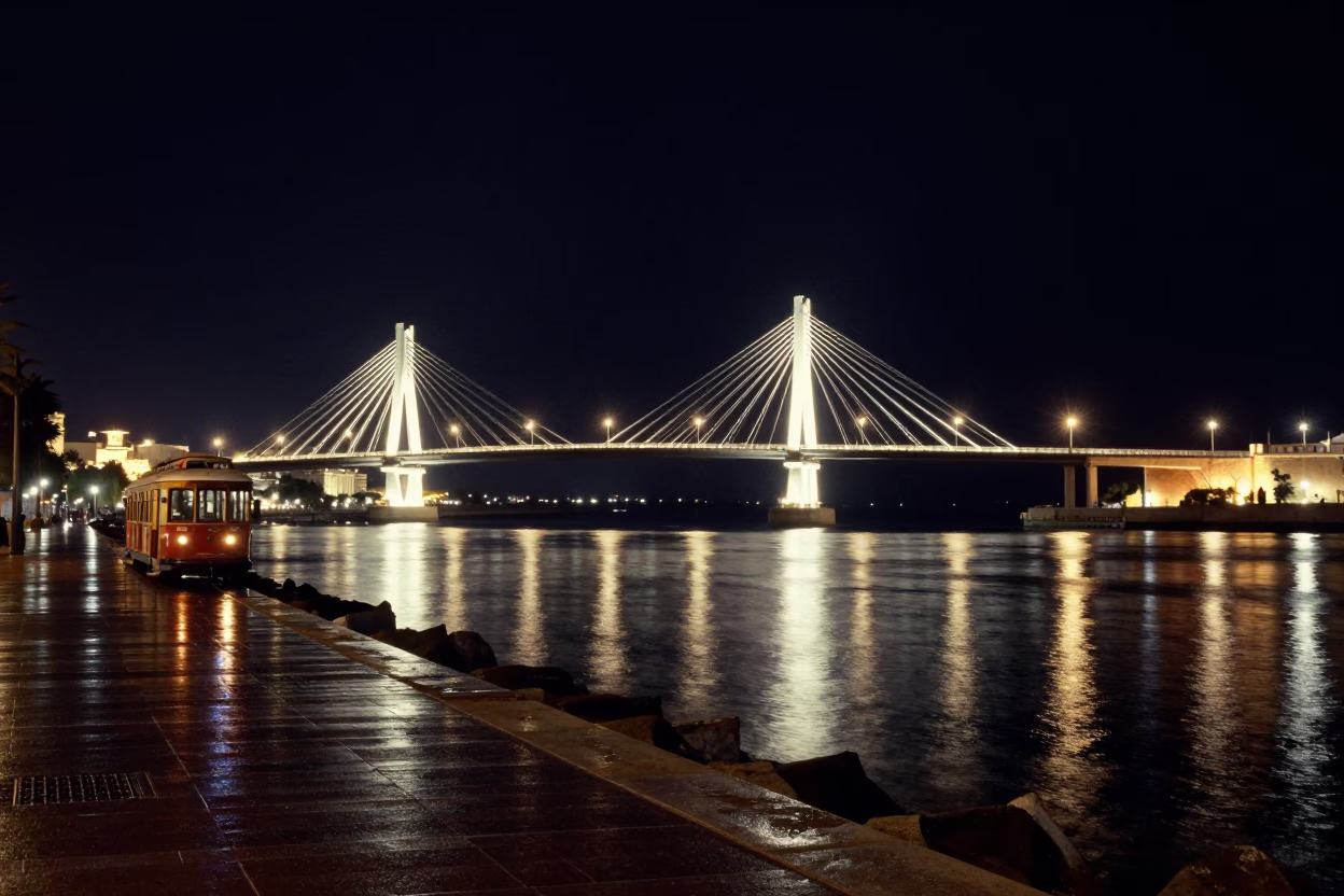 Midnight Valencia Harbor Bridge Illumination and Heritage Tram on Coastal Promenade in in Valencia, Spain