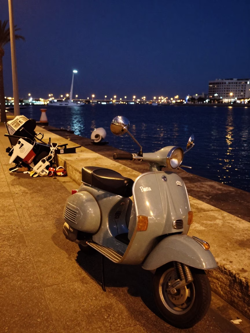 Midnight Valencia Harbor Promenade with Parked Scooter and Junk Boat Reflections in in Valencia, Spain