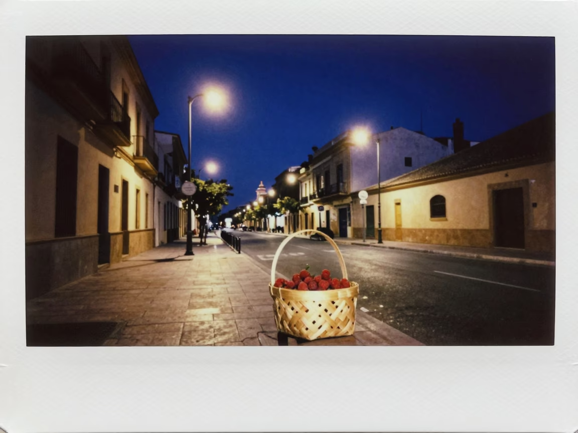 Midnight Valencia Spain Horizon Street Scene with Basket and Raspberries in in Valencia, Spain
