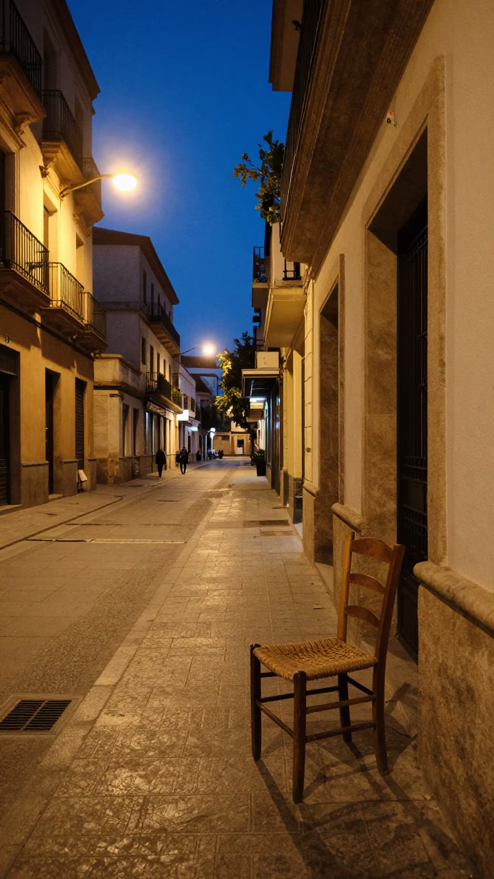 Midnight Valencia Spain Street Scene with Ladder Back Chair and Urban Details in in Valencia, Spain