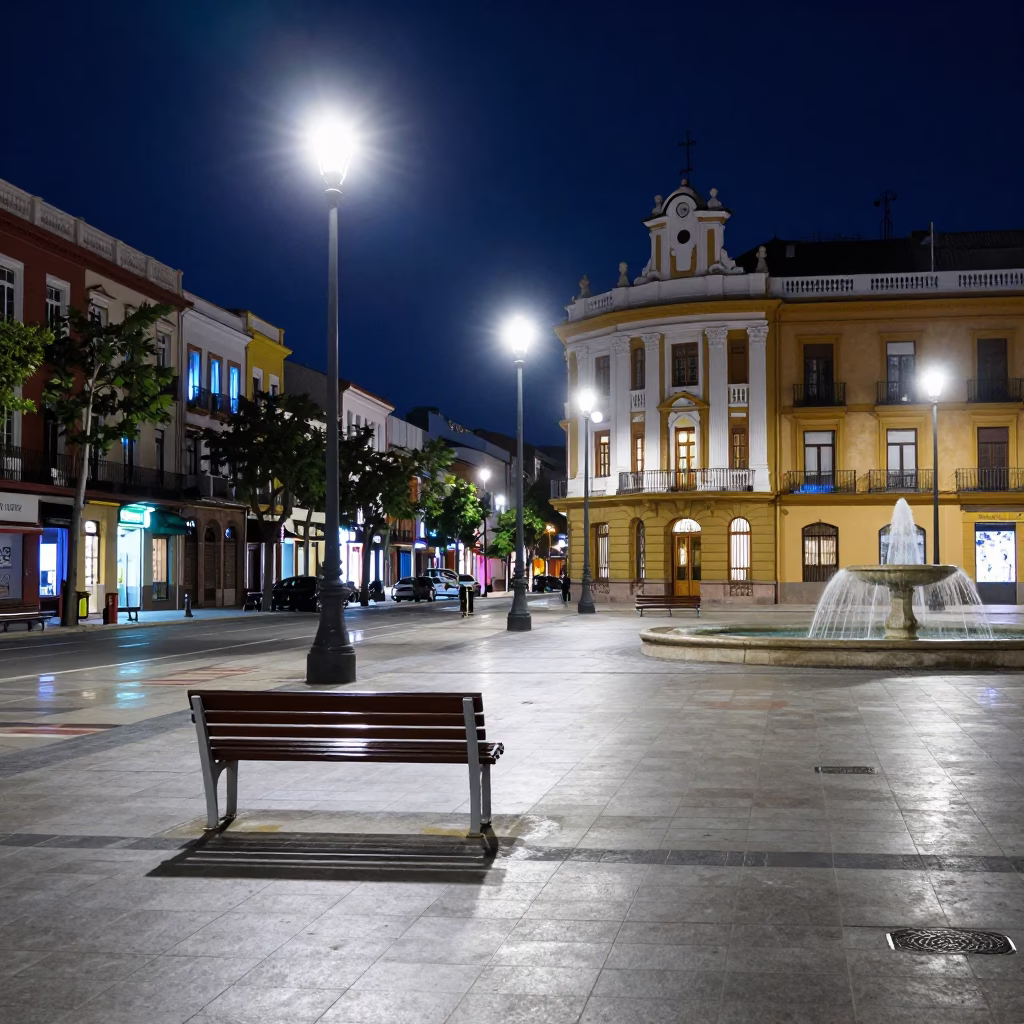 Midnight Valencia Spain Street Scene with Neon Lights and Empty Plazas in in Valencia, Spain