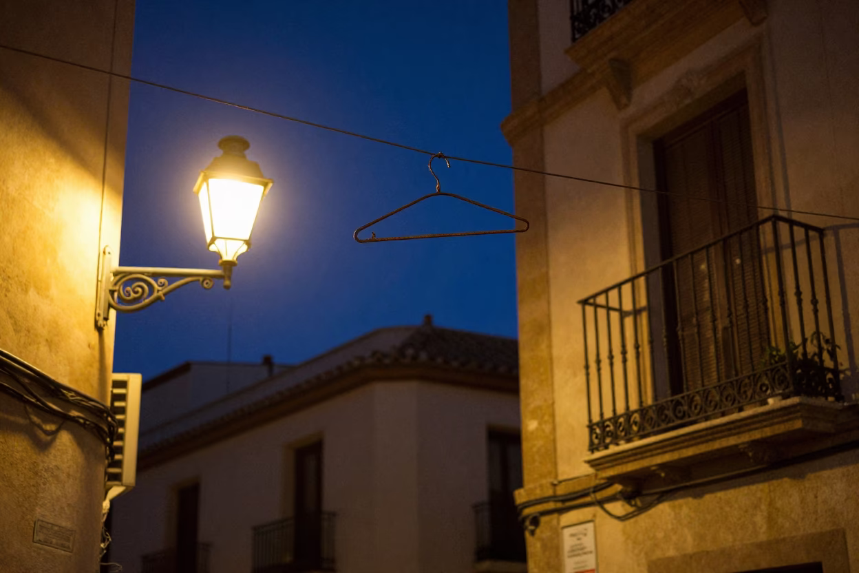 Midnight Valencia Spain Street Scene with Shirt Hanger and Local Urban Details in in Valencia, Spain