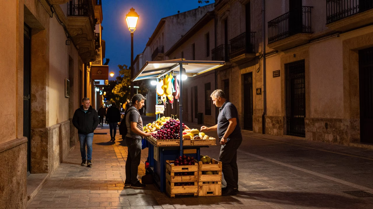 Midnight Valencia Street Scene with Cherries and Local Interaction in in Valencia, Spain