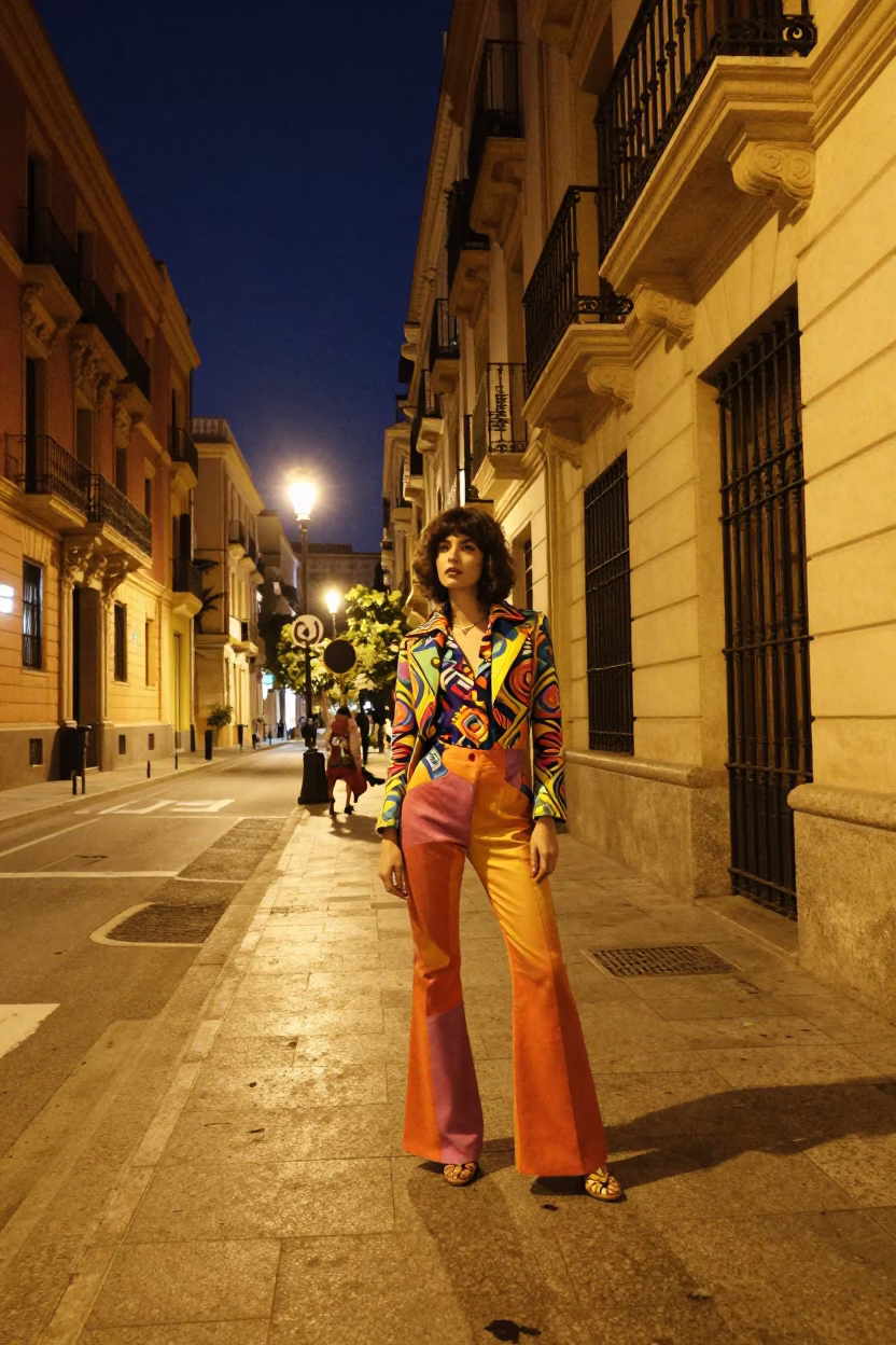 Midnight Valencia Street Scene with Colorful Fashion and Fallen Petals in in Valencia, Spain