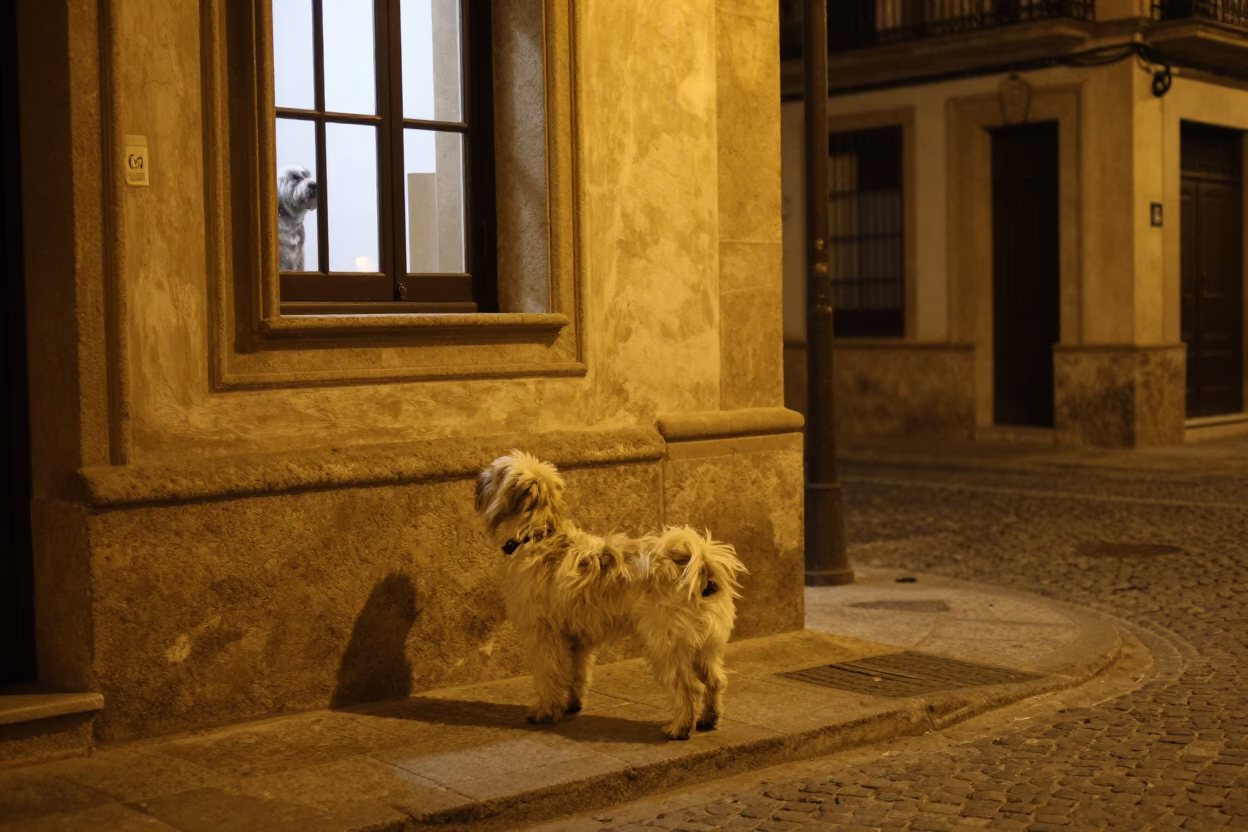 Midnight Valencia Street Scene with Portuguese Water Dog and Clay Teapot on Balcony in in Valencia, Spain