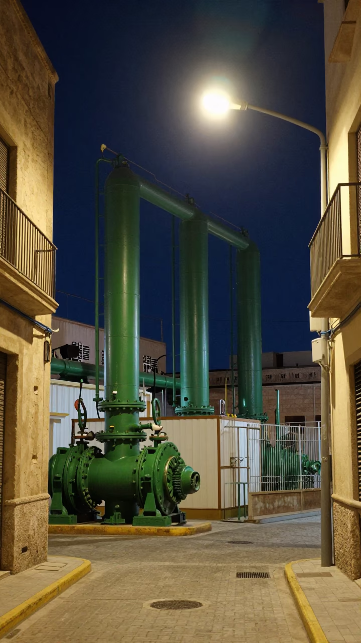 Midnight Valencia Street Scene with Sewage Pumping Station Green Pumps and Brass Coffee Pot in in Valencia, Spain