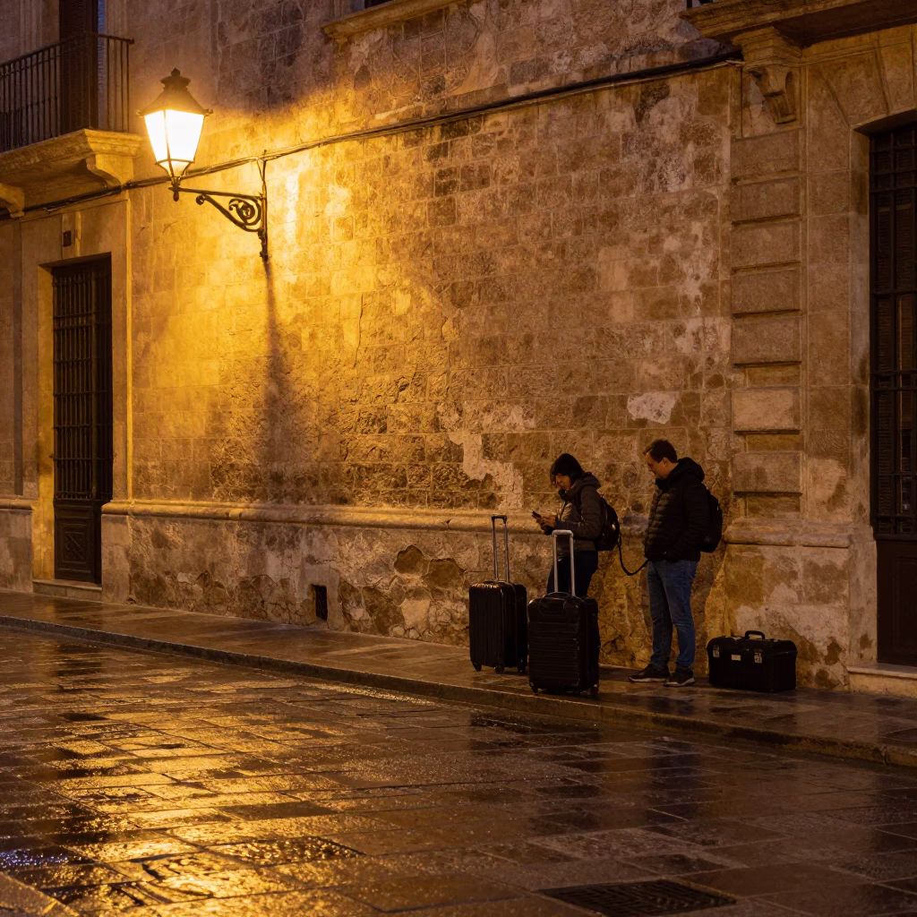 Midnight Valencia Street Scene with Suitcases and Toolbox Near Historic Architecture in in Valencia, Spain