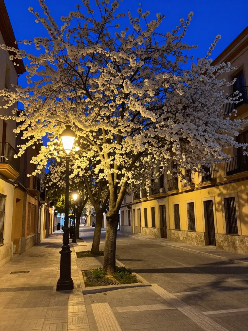 Midnight Valencia Street Scene with White Blooming Cherry Tree and Cobblestone Reflections in in Valencia, Spain