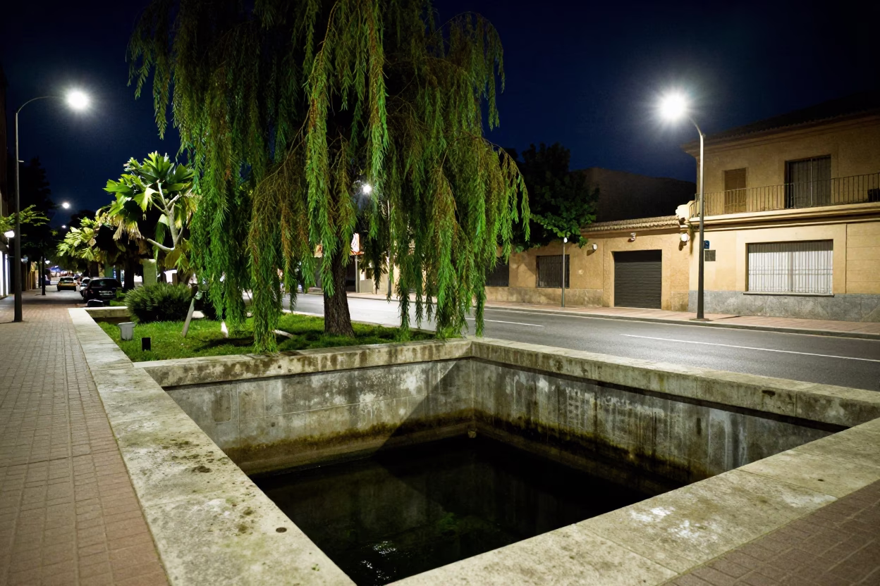 Midnight Valencia Street Scene with Willows and Concrete Water Features in in Valencia, Spain