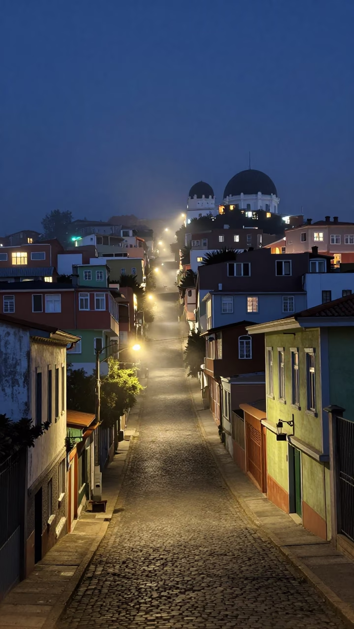 Midnight Valparaiso Chile Street Scene with Observatory Dome Silhouette and Ground Fog in in Valparaiso, Chile