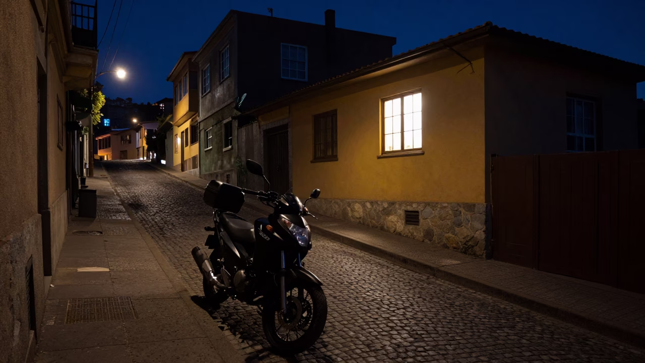Midnight Valparaiso Street Scene with Motorcycle and Window Light in in Valparaiso, Chile