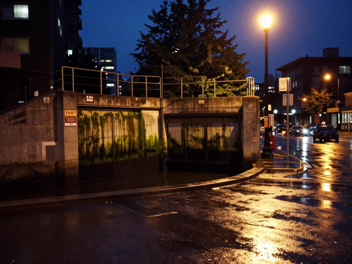 Midnight Vancouver Street Scene with Algae-Streaked Concrete Floodgate Chamber and Urban Nightlife in in Vancouver, British Columbia, Canada
