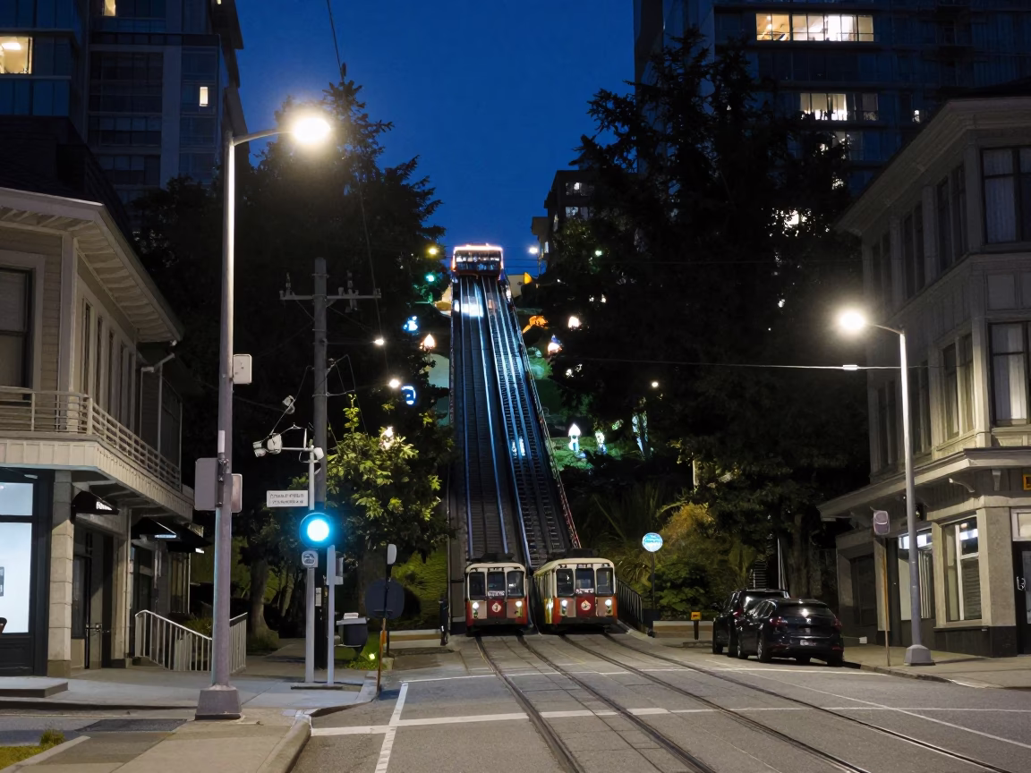 Midnight Vancouver Street Scene with Funicular and Urban Details in in Vancouver, British Columbia, Canada