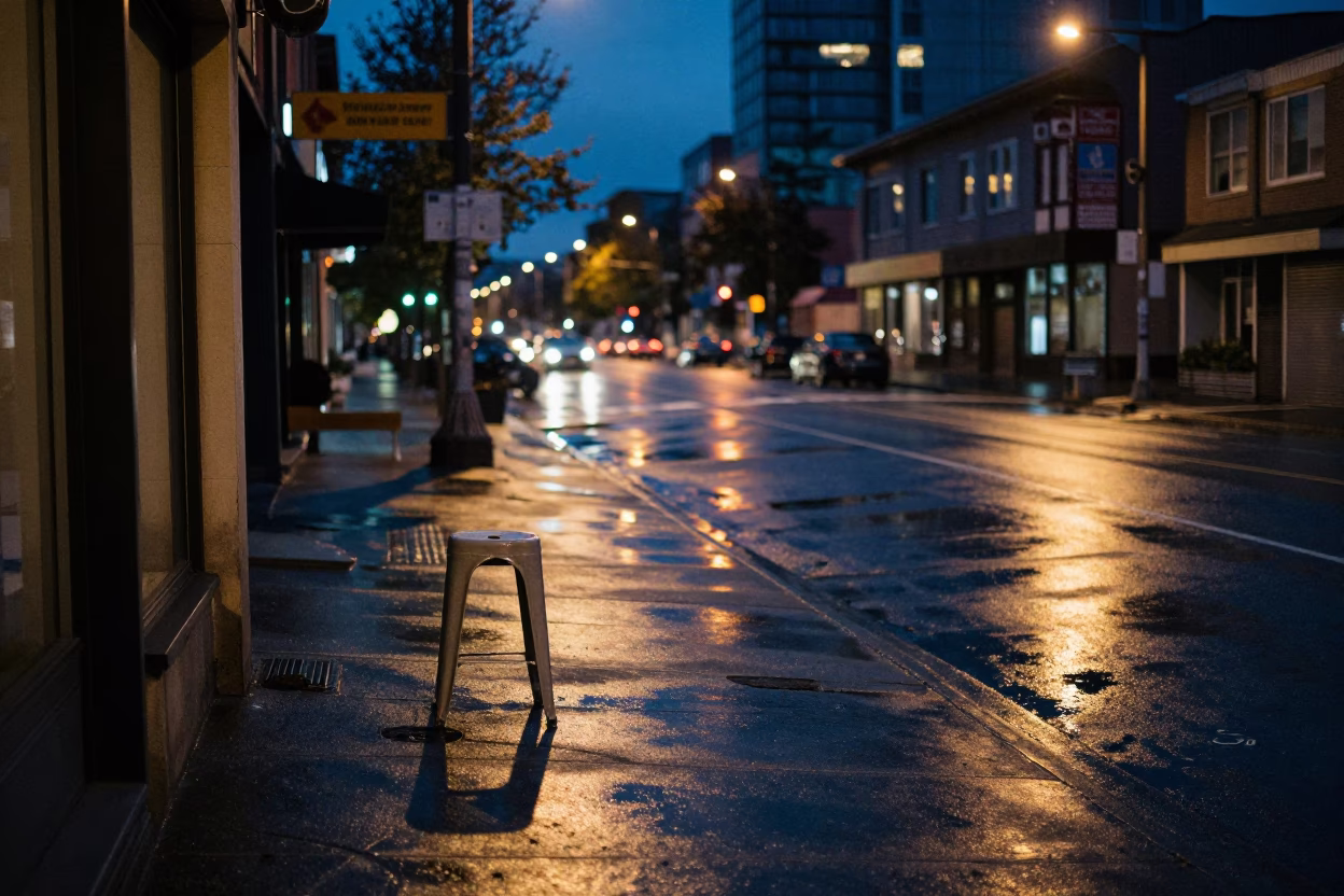 Midnight Vancouver Street Scene with Kitchen Stool and Electric Kettle in in Vancouver, British Columbia, Canada