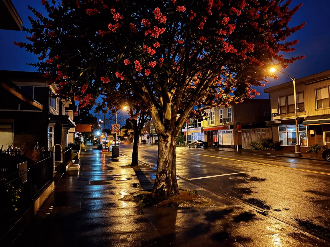 Midnight Vancouver Street Scene with Madrone Tree and Wet Asphalt in in Vancouver, British Columbia, Canada