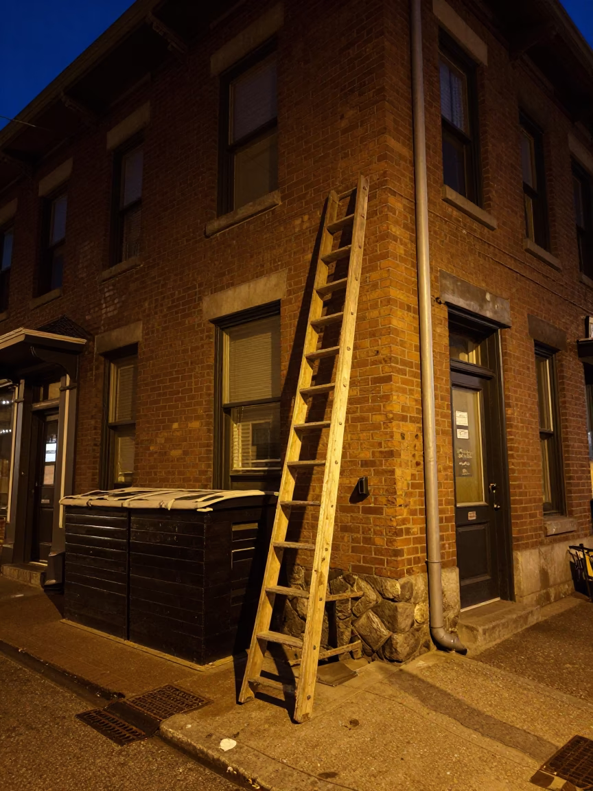 Midnight Vancouver Street Scene with Wooden Ladder and Storage Tins in in Vancouver, British Columbia, Canada