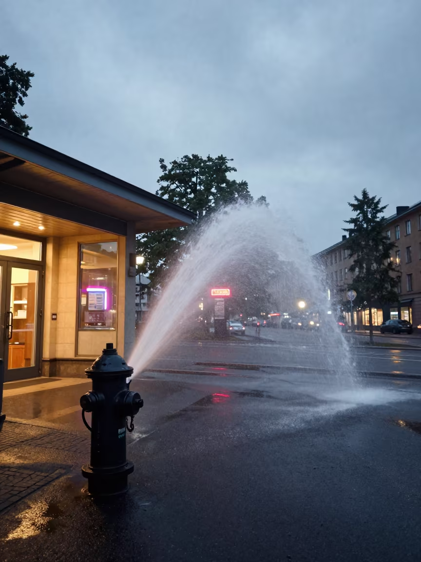 Midnight Vantaa Fire Hydrant Spray in outside a metro entrance in Vantaa