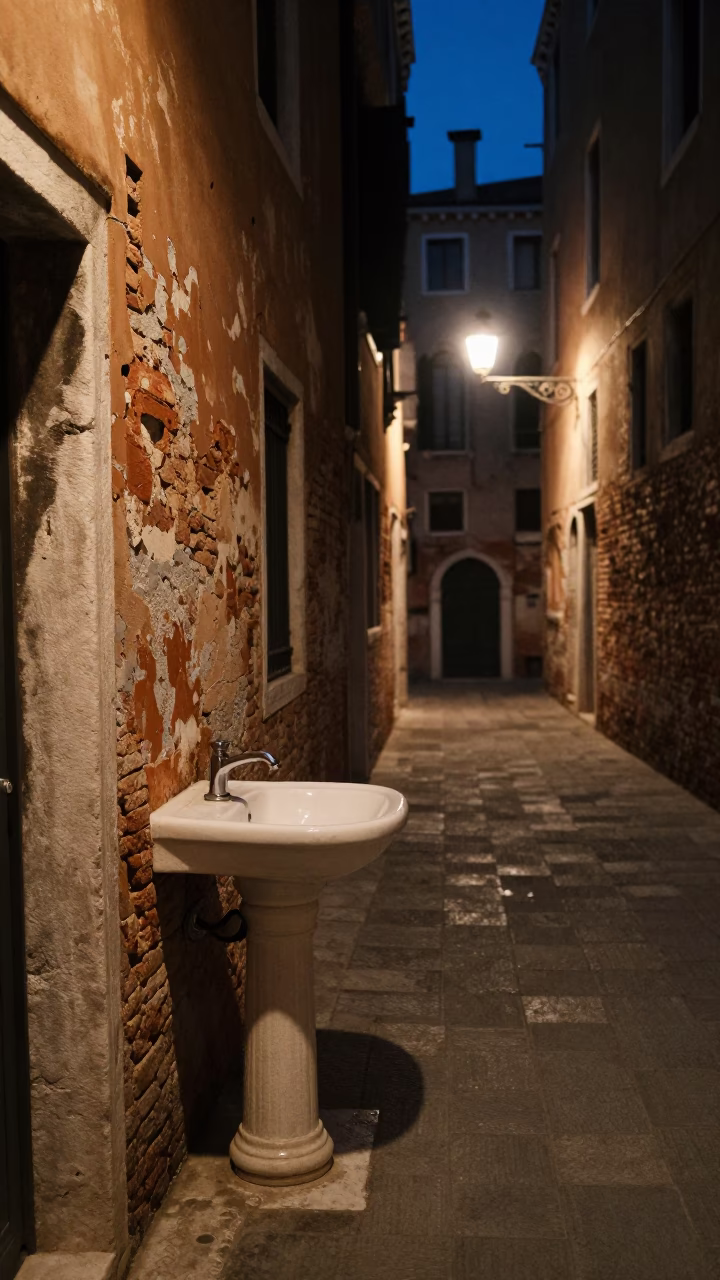 Midnight Venetian Alleyway with Scuffed Painted Wood and Wash Basin in in Venice, Italy