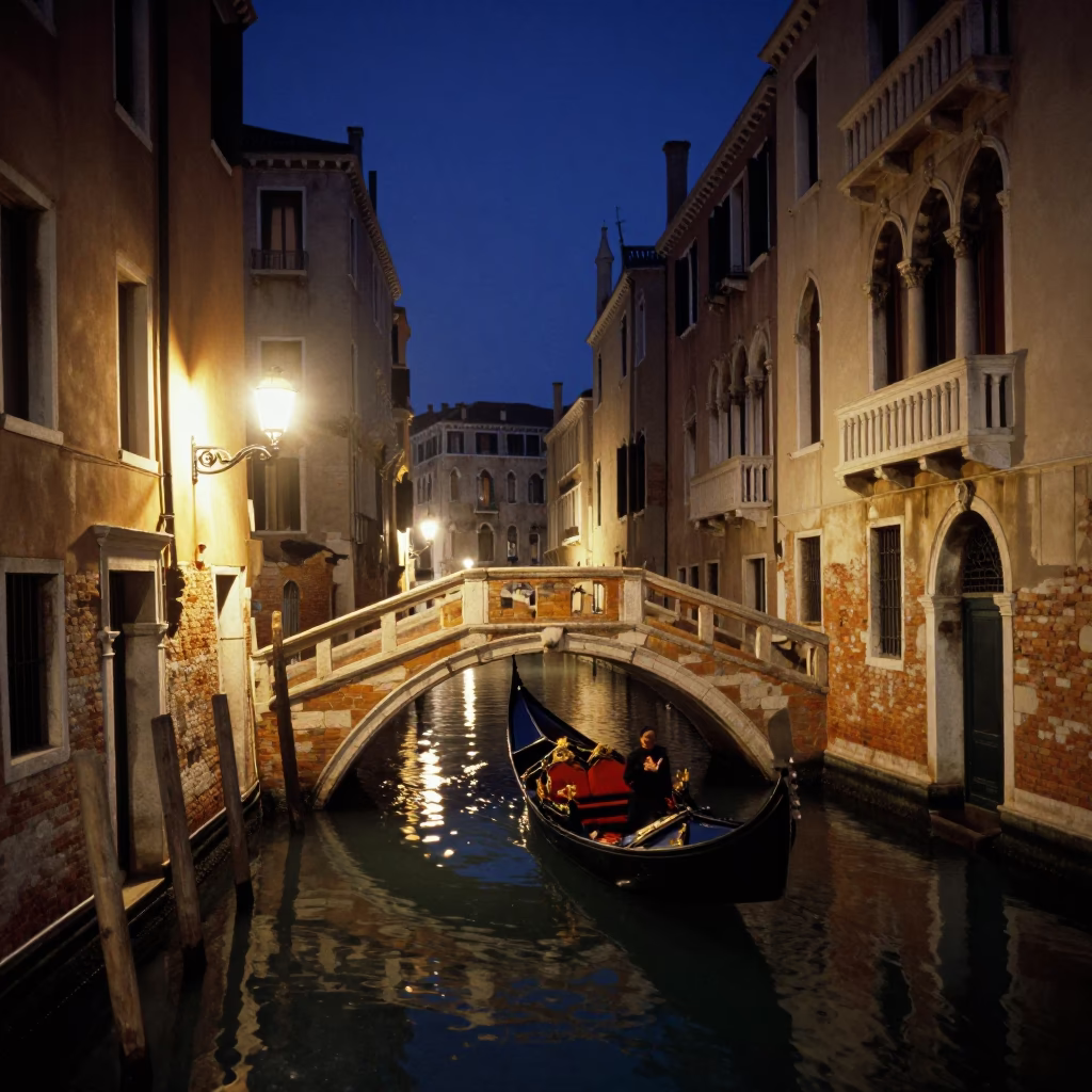 Midnight Venetian Canal Scene with Gondola and Historic Architecture in in Venice, Italy