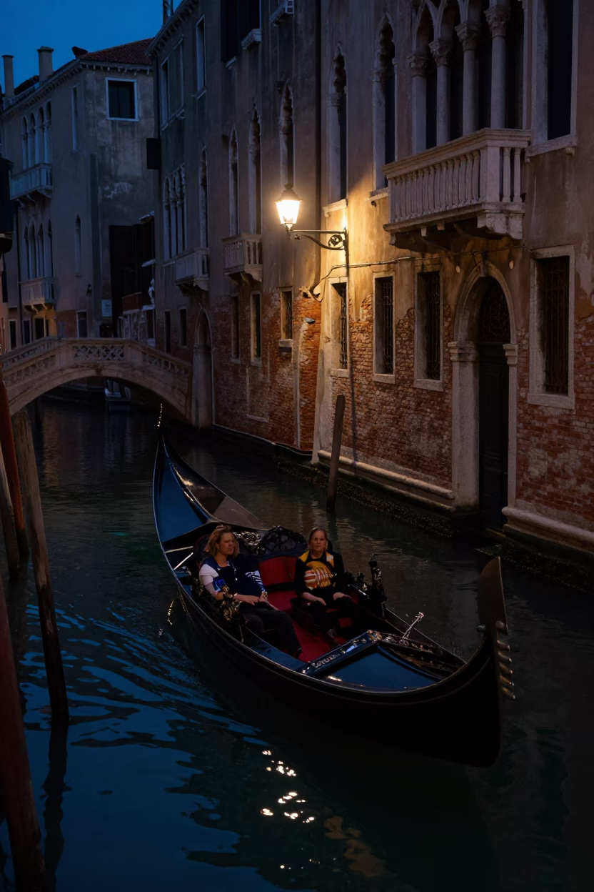 Midnight Venetian Canal Scene with Gondola and Rusty Latch Detail in in Venice, Italy