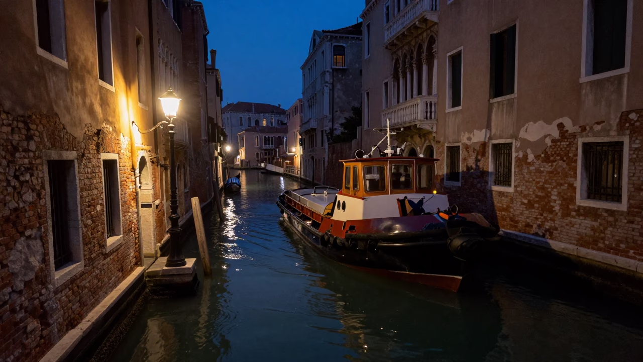Midnight Venetian Canal Scene with Tugboat Guiding Tanker and Local Street Details in in Venice, Italy
