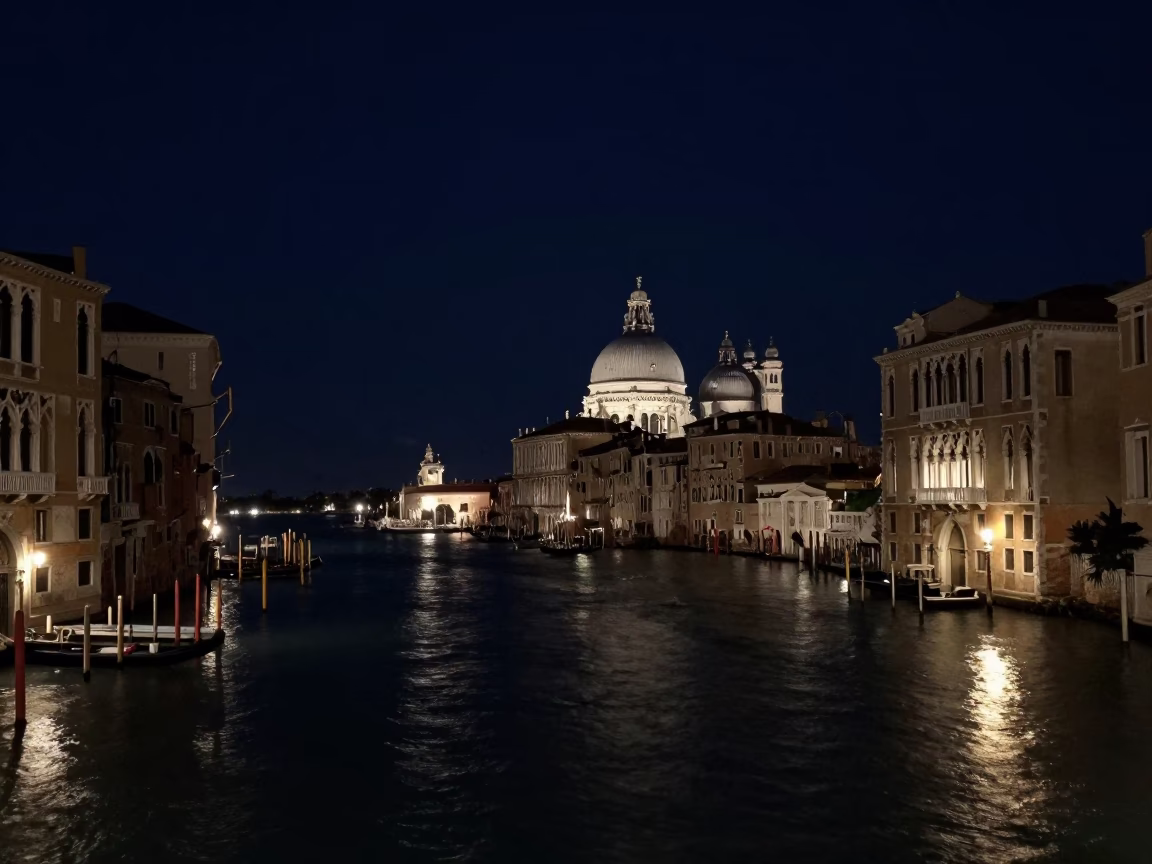 Midnight Venice Canal Landscape with Gondola and Stone Architecture in in Venice, Italy