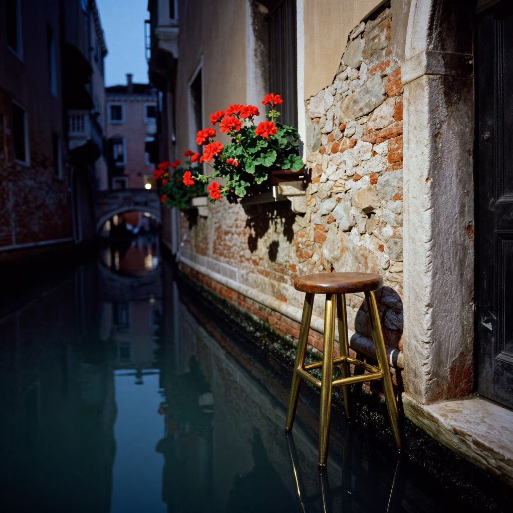 Midnight Venice Canal Reflection with Geraniums and Polished Brass Stool in Historic Italian Alley in in Venice, Italy