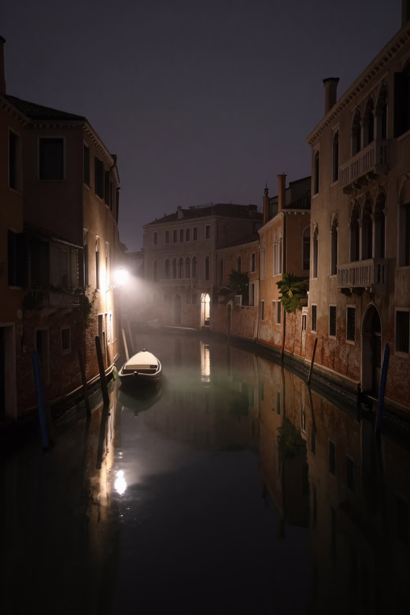 Midnight Venice Canal Reflection with Steam Haze and Quiet Street Life in in Venice, Italy