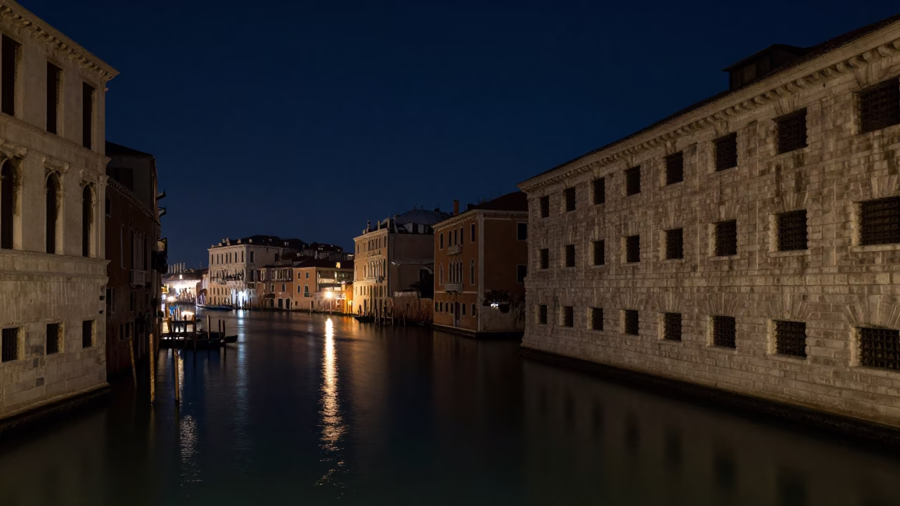 Midnight Venice Canal Reflections and Stone Architecture Realistic Photograph in in Venice, Italy