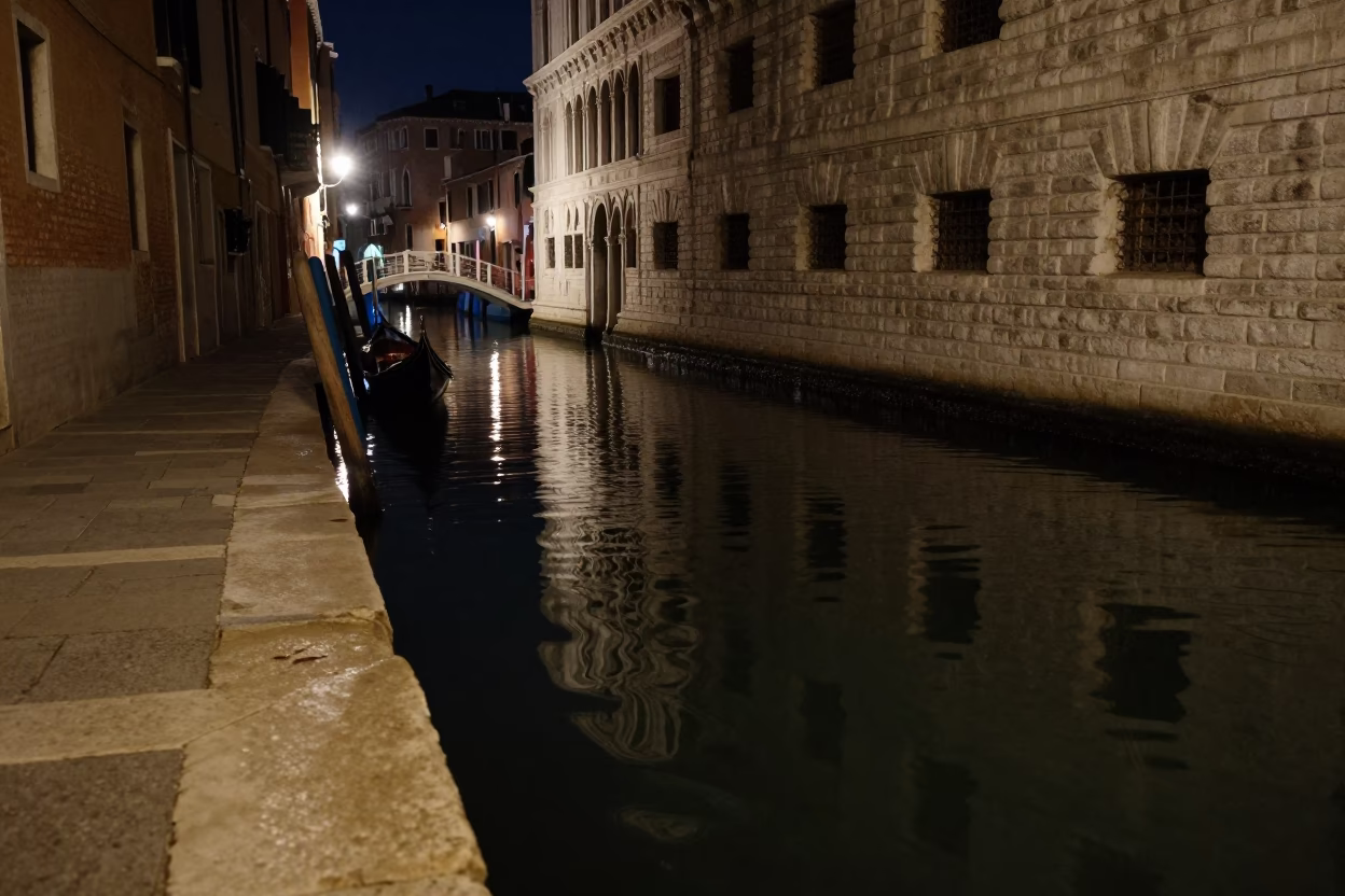 Midnight Venice Canal Reflections and Urban Details in in Venice, Italy