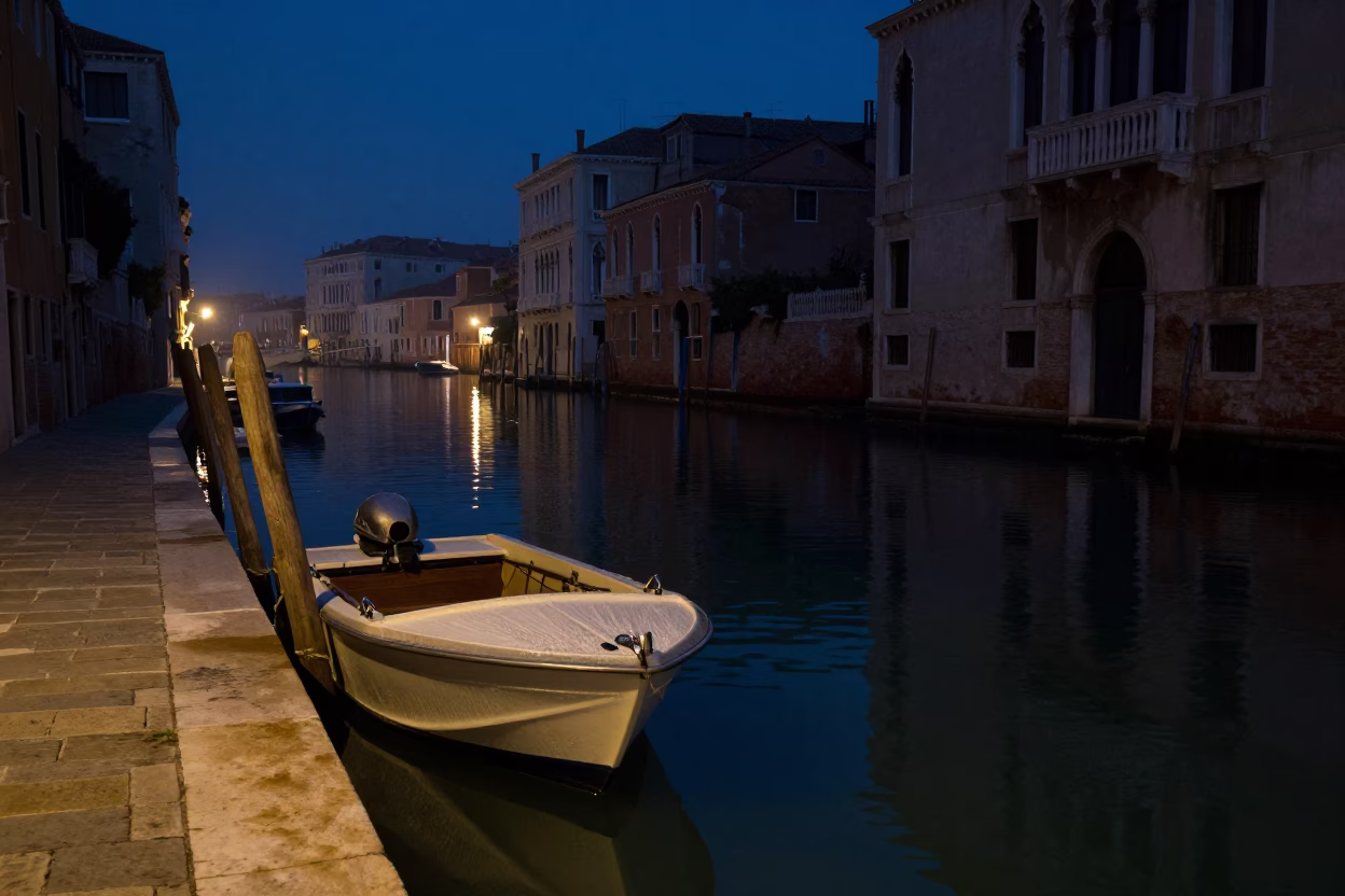 Midnight Venice Canal Reflections with Condensation on Boat and Quiet Waterway in in Venice, Italy